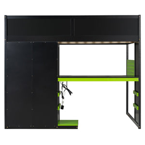 English Elm Full Size Loft Bed with Rgb Lighting Usb Charging Desk Wardrobe and Storage Shelves Green LT000387AAF