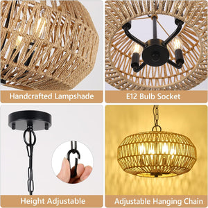 English Elm Farmhouse Rattan Pendant Lights - 4-Light Boho Chandelier, Adjustable Wicker Fixture For Any Space W2738P185429