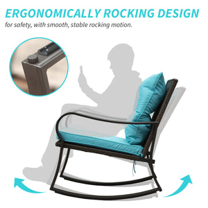 English Elm Metal Outdoor 2-Person Rocking Patio Set with Handwoven Wicker, Plush Cushions & Sturdy Table Blue W1859P399625