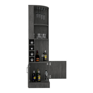 English Elm Seattle Smokey Oak Bar Cabinet with Corner Design, 8 Bottle Cubbies, Glass Racks & Open Shelves B128P176127