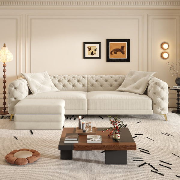 English Elm 97.6" Oversized Velvet Chesterfield Sleeper Sofa Floral Tufted Roll Arm Living Room Couch Beige+White W1885S00200