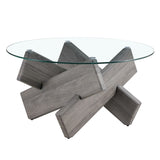 English Elm Round Glass Coffee Table, 33.4" Modern Design Unique Coffee Table. Tempered Glass Top With Grey Patterned Mdf Legs. Suitable For Living and Dining Rooms