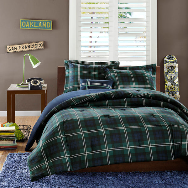 JLA Home Mi Zone - Comforter with Blue Green Plaid Face and Solid Reverse, Reversible Cabin Style Set with Pillow Protection 90 L x 86 W x 1H MZ10-099