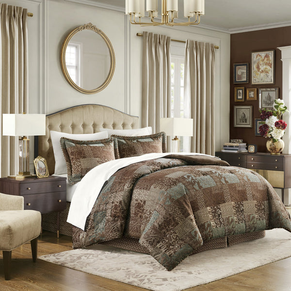 English Elm 4 Piece Red Comforter Set - Luxurious Queen Bed Ensemble With Rich Patchwork & Elegant Textures B035128750