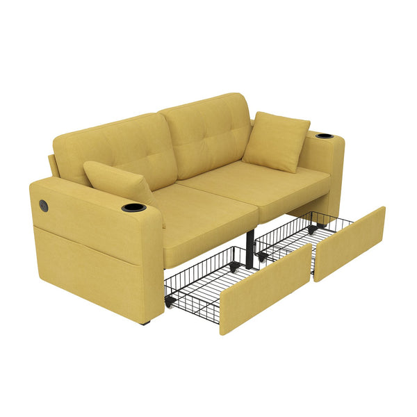 English Elm Sofas for Living Room Chenille Three Seat Couch with Usb Charging Storage and Cup Holder Mustard Yellow W395S00145