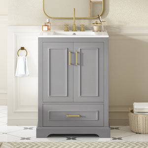 English Elm 24"bathroom Vanity Freestanding Gray Mdf Ceramic Sink Soft Close Storage Cabinet N729P321378E