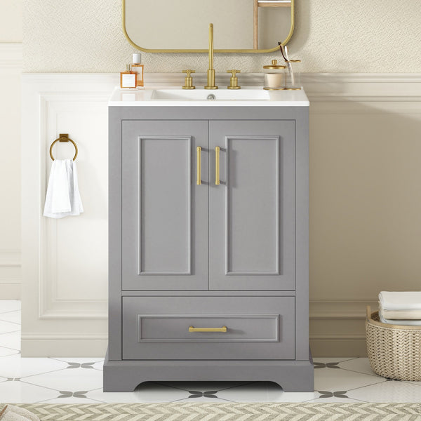 English Elm 24"bathroom Vanity Freestanding Gray Mdf Ceramic Sink Soft Close Storage Cabinet N729P321378E