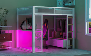 English Elm Full Metal Gaming Loft Bed with LED Lighting, Built-In Desk, Open Wardrobe and 3 Drawers for Space-Saving Comfort White GX001133AAK