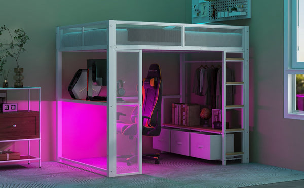English Elm Full Metal Gaming Loft Bed with LED Lighting, Built-In Desk, Open Wardrobe and 3 Drawers for Space-Saving Comfort White GX001133AAK
