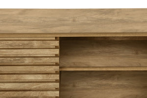 English Elm Tv Stand 72" Walnut Laminate Media Console with Sliding Doors, Open Shelves, Cable Management, Retro Legs B2710P219124