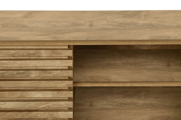 English Elm Tv Stand 72" Walnut Laminate Media Console with Sliding Doors, Open Shelves, Cable Management, Retro Legs B2710P219124