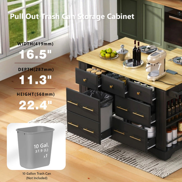English Elm K&k Rolling Kitchen Island Six Drawers Drop Leaf Built-in Charging Vintage Style Black N707S307292B