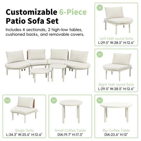 English Elm TOPMAX 6-Piece Modular Patio Sofa Set with 2 High-Low Coffee Tables, PE Wicker, Tempered Glass, Cushioned Comfort and Versatile Outdoor Configuration Beige SP100028AAA