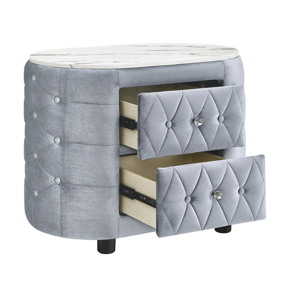 English Elm 1pc Tufted Gray Nightstand with Faux Marble Top, Crystal-Style Hardware, Two Drawers, Glam Chic B2741P318960
