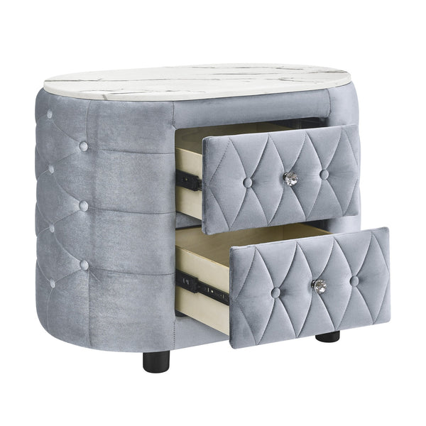 English Elm 1pc Tufted Gray Nightstand with Faux Marble Top, Crystal-Style Hardware, Two Drawers, Glam Chic B2741P318960