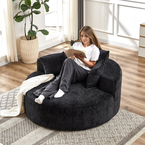 English Elm 55''L Chenille sponge single sofa sleeper chair — no assembly, ultra-soft chenille, plush backrest pillow comfort for living room relaxation Black W834P221028
