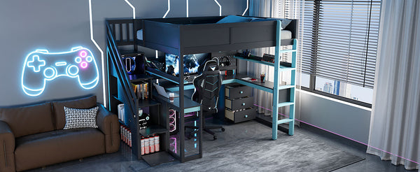English Elm Full Size Gaming Loft Bed with Led Lighting Desk Shelves and Usb Charging Ports N820S00071C