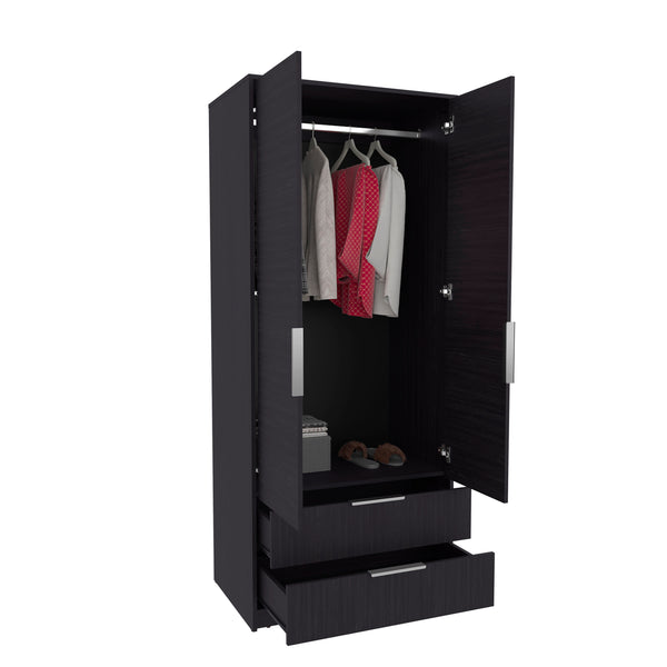 English Elm Wenden Tall Black Armoire with Double Doors, Two Drawers, Hanging Rod & Interior Shelves for Small Spaces B200S00433