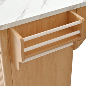 English Elm K&k Fluted Rolling Kitchen Island Faux Marble Top Power Outlet Drop Leaf Storage Natural N707S000019Y