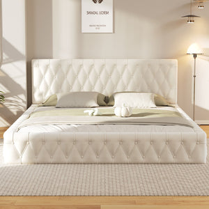 English Elm Queen Size Upholstered Bed With Tufted Headboard, Modern Velvet Platform Bed , No Box Spring Required, White