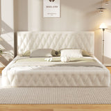 Queen Upholstered Bed, Tufted Headboard, Modern Velvet Platform, No Box Spring Needed, White