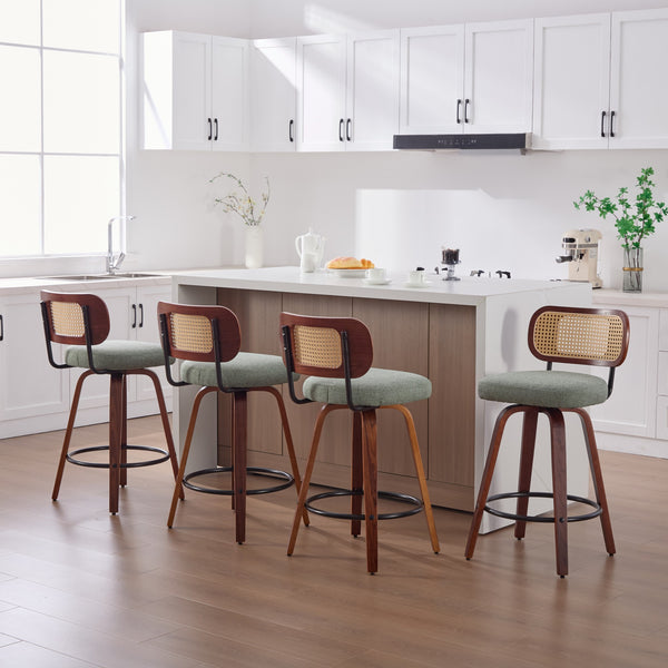 English Elm Set of 2 Swivel Counter Stools Walnut Frame Rattan Back Linen Seat Kitchen Island Light Green W1143P392172