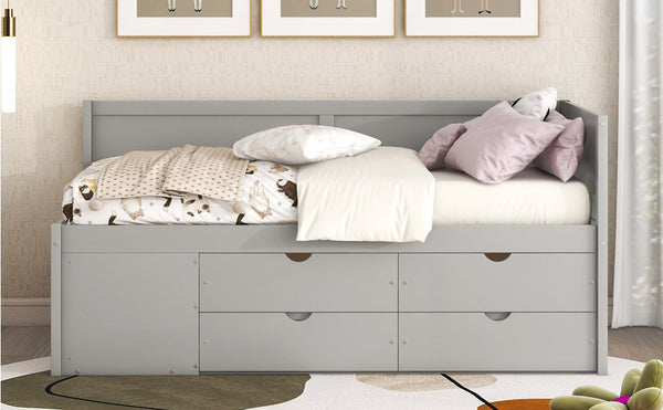 English Elm Twin Daybed with Two Pull Out Drawers and Open Shelves for Small Bedroom Storage Gray LP102022AAE