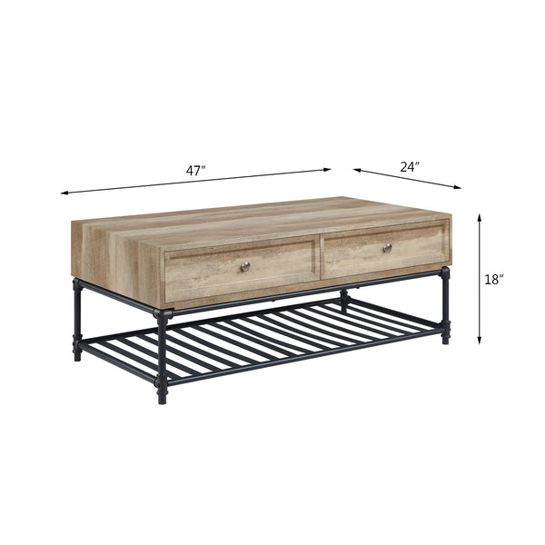 English Elm Oak Industrial Coffee Table with Bottom Shelf, Oak & Sandy Black Finish, Modern Storage and Sturdy Support (47" x 24") B062P209062