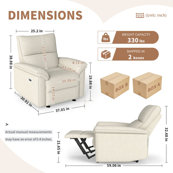 English Elm Wall Zero Wall Power Recliner Chair with Overstuffed Backrest, USB Type-C Charging Port, Space-Saving Electric Recliner for Small Rooms Beige+Grey W1028S00053
