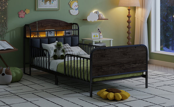 English Elm Twin Solid Wood Platform Bed with Guardrail for Kids, Low-Profile Sturdy Pine Frame, Safe Sleep Solution Black 43.7 L x 16.93 W x 9.65 H W2593P337436
