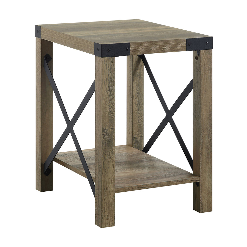 English Elm Abiram Rustic Oak End Table with 40mm Thick Top, X-Slat Farmhouse Shelf, KD Easy Assembly, Durable B2726P265238