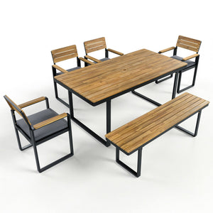 English Elm 6-piece Outdoor Acacia Wood Patio Dining Set with Cushioned Chairs Bench Steel Frame Gray N704G201255E