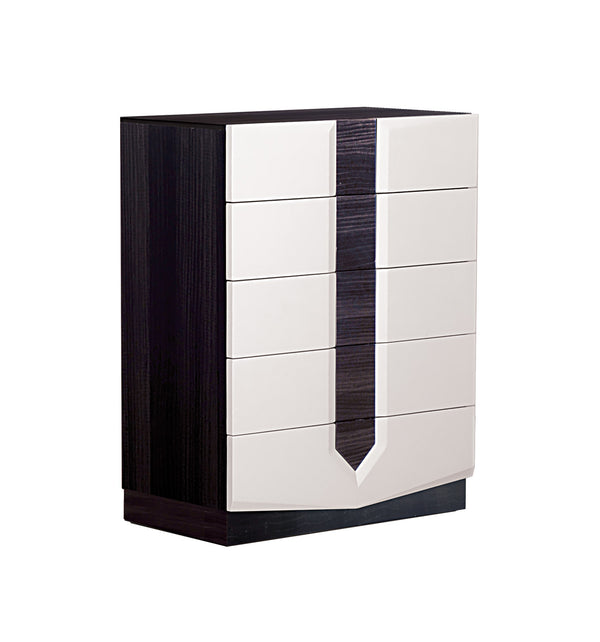 English Elm VIOS Zebra High Gloss Chest with Black Zebrano Accents, Solid Wood & MDF, Sleek Modern Storage White+Black 37.6 L x 22.05 W x 47.44 H B201P215803