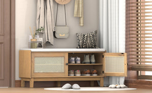 English Elm Trexm Bohemian Rattan Storage Bench Cushioned Seat Shoe Cabinet for Entryway N715P308012D