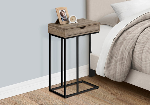 English Elm Accent Table, C-Shaped Design For Modern Living Spaces, Storage Drawer, Sleek Black Metal Frame B2710P219420