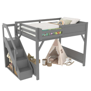 English Elm Twin Low Loft Bed Solid Pine Frame Kids Study Desk Blackboard Storage White Gray W1580S00469