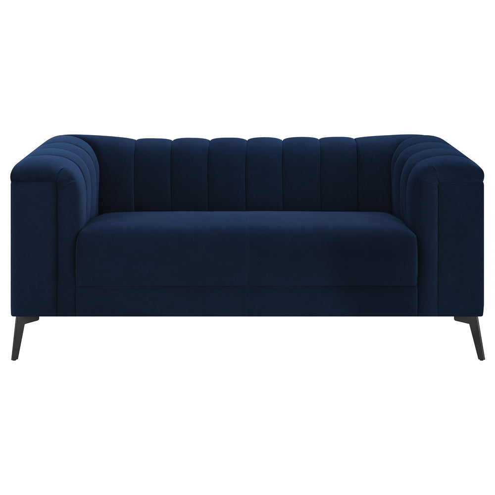 English Elm Darci Blue Velvet Loveseat with Vertical Channel Tufting, Angled Black Metal Legs for Luxe Style B062P357779