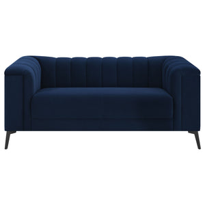 English Elm Darci Blue Velvet Loveseat with Vertical Channel Tufting, Angled Black Metal Legs for Luxe Style B062P357779