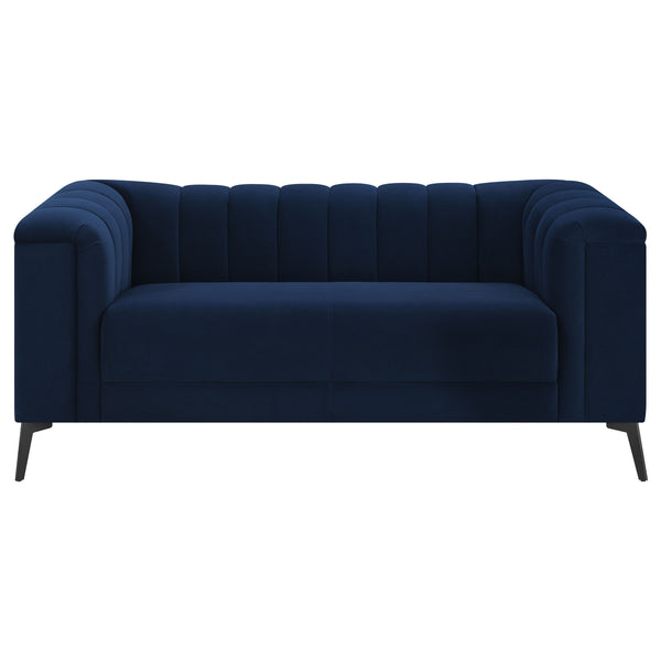 English Elm Darci Blue Velvet Loveseat with Vertical Channel Tufting, Angled Black Metal Legs for Luxe Style B062P357779