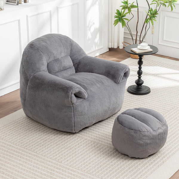 English Elm Bean Bag Chair - Luxurious Faux Fur Sofa With Footstool For Cozy Comfort In Living Room & Bedroom W2200P326904