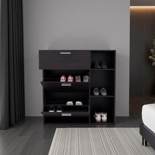 English Elm Wenge Shoe Storage Cabinet with 3 Shelves, 2 Tilt-Out Drawers & Extra Drawer — Slim 32.2"H Organizer B062P380075