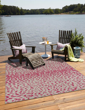 Unique Loom Outdoor Safari Samburu Machine Made Animal Print Rug Pink Gray, Ivory 10' 0" x 10' 0"