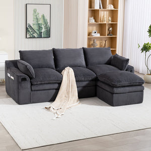 English Elm L Shaped Corduroy Modular Sectional with Cloud Cushions Footstool and Lumbar Pillows Gray W395S00140