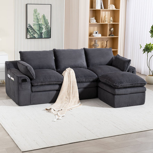 English Elm L Shaped Corduroy Modular Sectional with Cloud Cushions Footstool and Lumbar Pillows Gray W395S00140