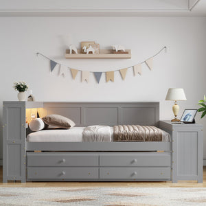 English Elm Full Size Pine Wood Platform Daybed with Led Headboard Desk Storage and Charging Gray N7090000475E-1