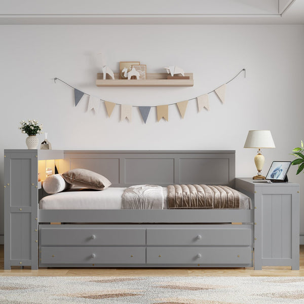 English Elm Full Size Pine Wood Platform Daybed with Led Headboard Desk Storage and Charging Gray N7090000475E-1