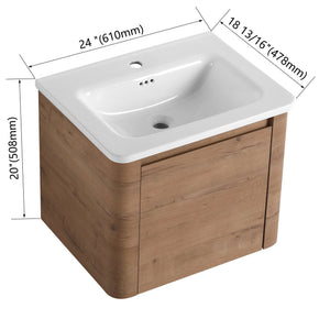 English Elm 24'' 24" Wall-Mounted Bathroom Vanity with Ceramic Sink, Soft-Close Door, Plywood Build, Space-Saving Design Imitative Oak W999P317928