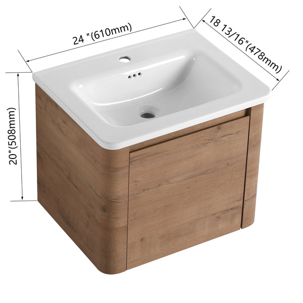 English Elm 24'' 24" Wall-Mounted Bathroom Vanity with Ceramic Sink, Soft-Close Door, Plywood Build, Space-Saving Design Imitative Oak W999P317928