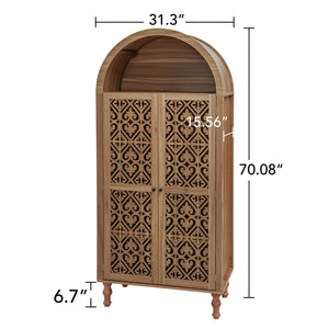 English Elm 70.28" Tall Walnut Pantry Cabinet Lattice Carved Doors Adjustable Shelves Two Drawers W688P303382