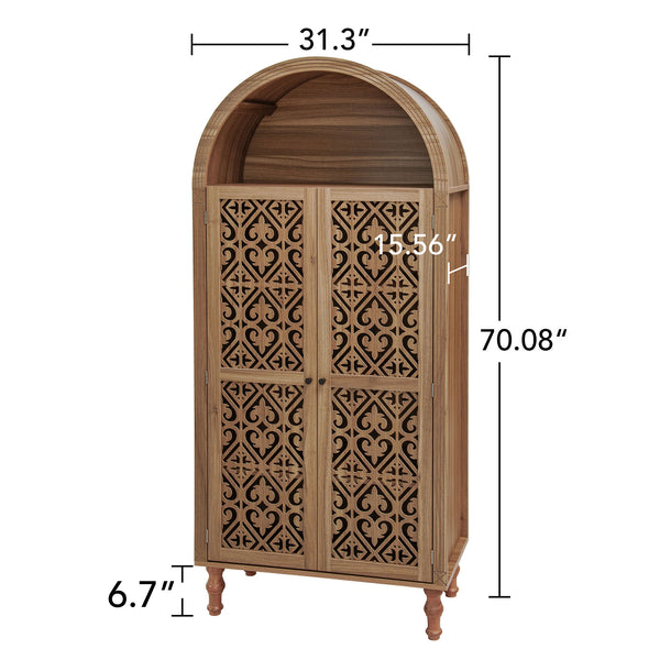 English Elm 70.28" Tall Walnut Pantry Cabinet Lattice Carved Doors Adjustable Shelves Two Drawers W688P303382